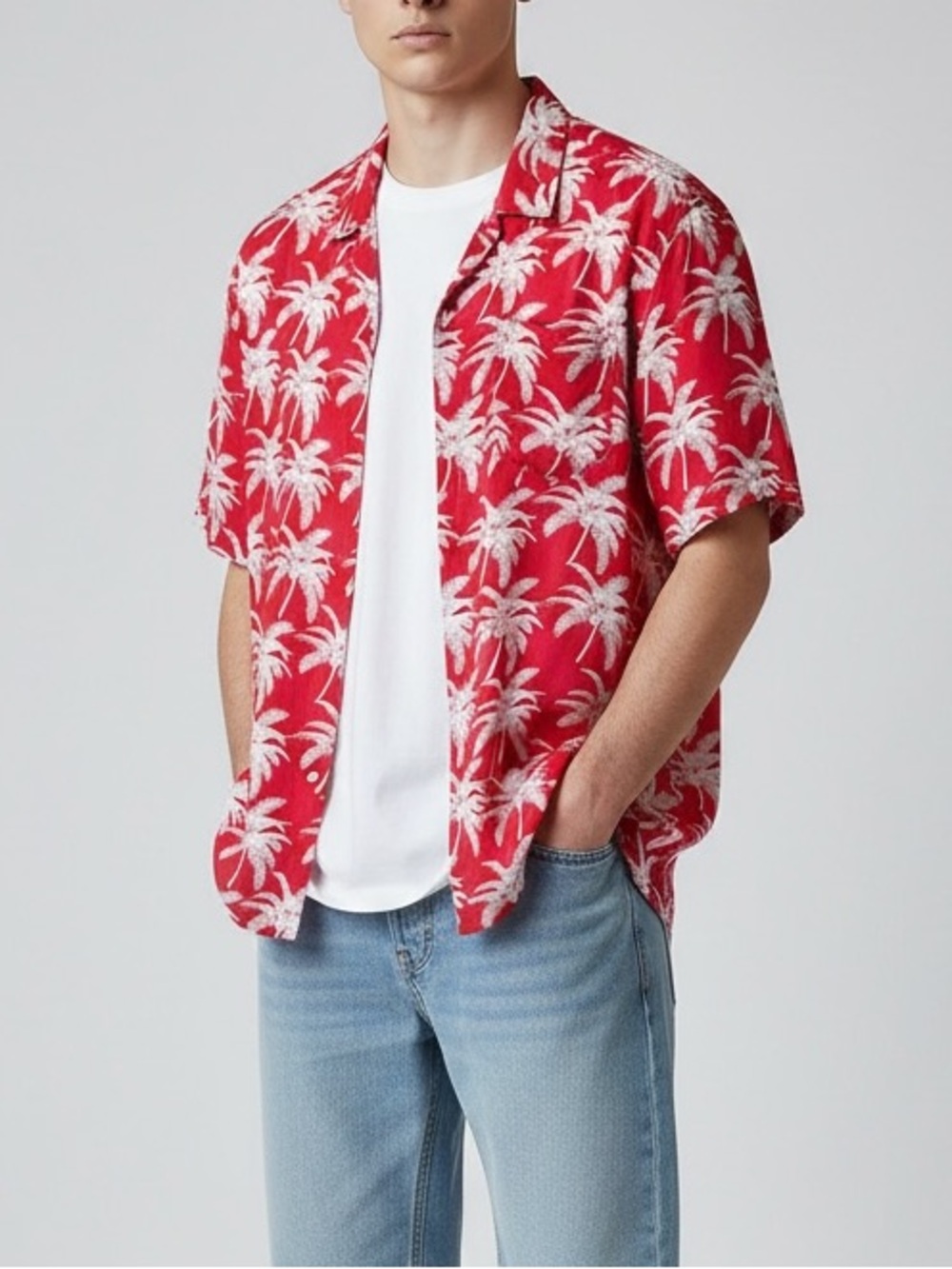AllSaints Palm Print Men’s Hawaiian Shirt Red White Small